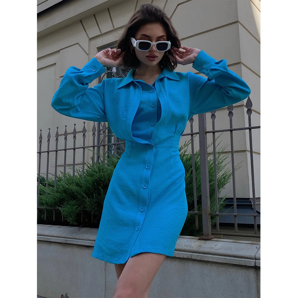 

Женское двухслойное платье-рубашка Suninbox, однобортное повседневное однотонное синее платье-рубашка с воротником-поло и поясом на резинке, ...