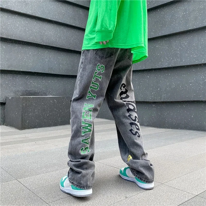 Hip Hop Fashion Trends Letter Printing Jeans For Men High Street Blue Black Jeans Homme Loose Straight Hearts Pants Moto Trouse