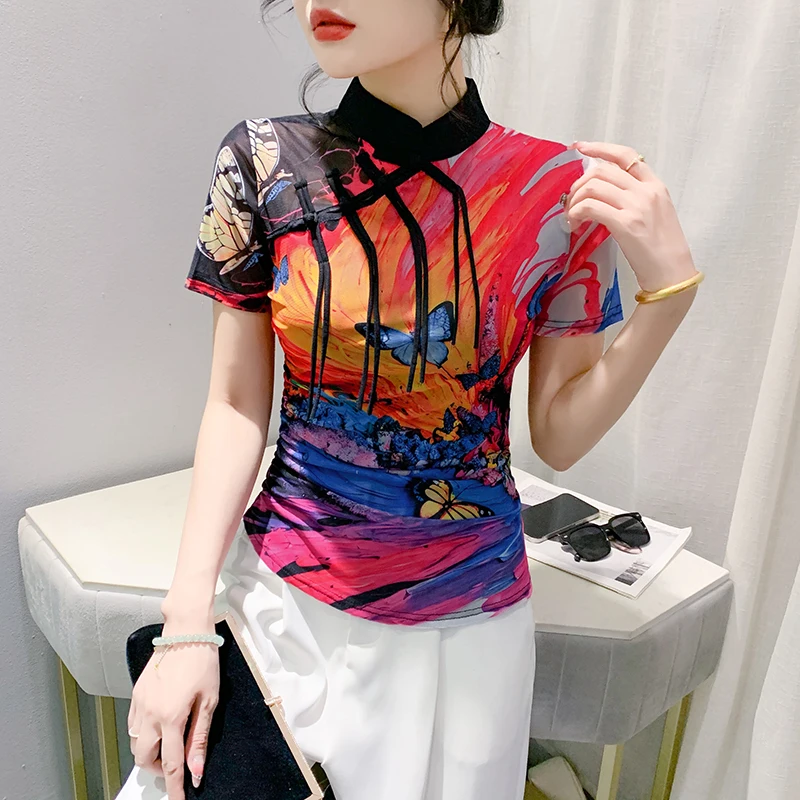 Новинка 2024 женская футболка в китайском стиле летняя с принтом виде природного