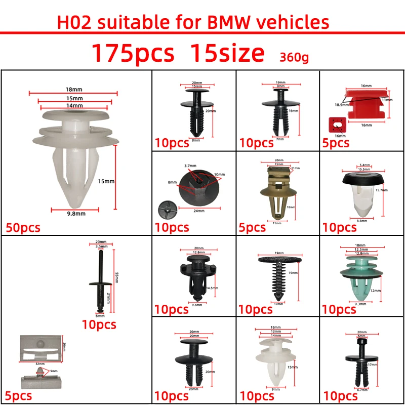 

175pcs Auto Fastener Clip Car Body Push Retainer Pin Door Trim Panel Retainer Kit Car Accessories for BMW E46 E60 E90 F10 F30