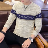 2022 mens spring and autumn thin elastic crew neck pullover personality stripe colorblock fashion british style sweater