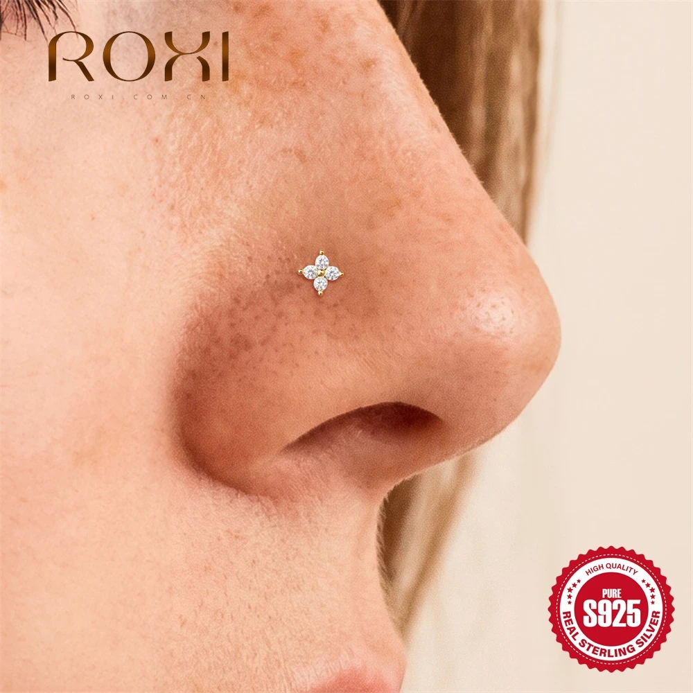 Фото ROXI 1 шт. Серебряные серьги-гвоздики 925 пробы с блестящими цирконами, в форме цветка и октаграммы, для пирсинга, женский аксессуар для повседневной носки, банкетов и свиданий №3