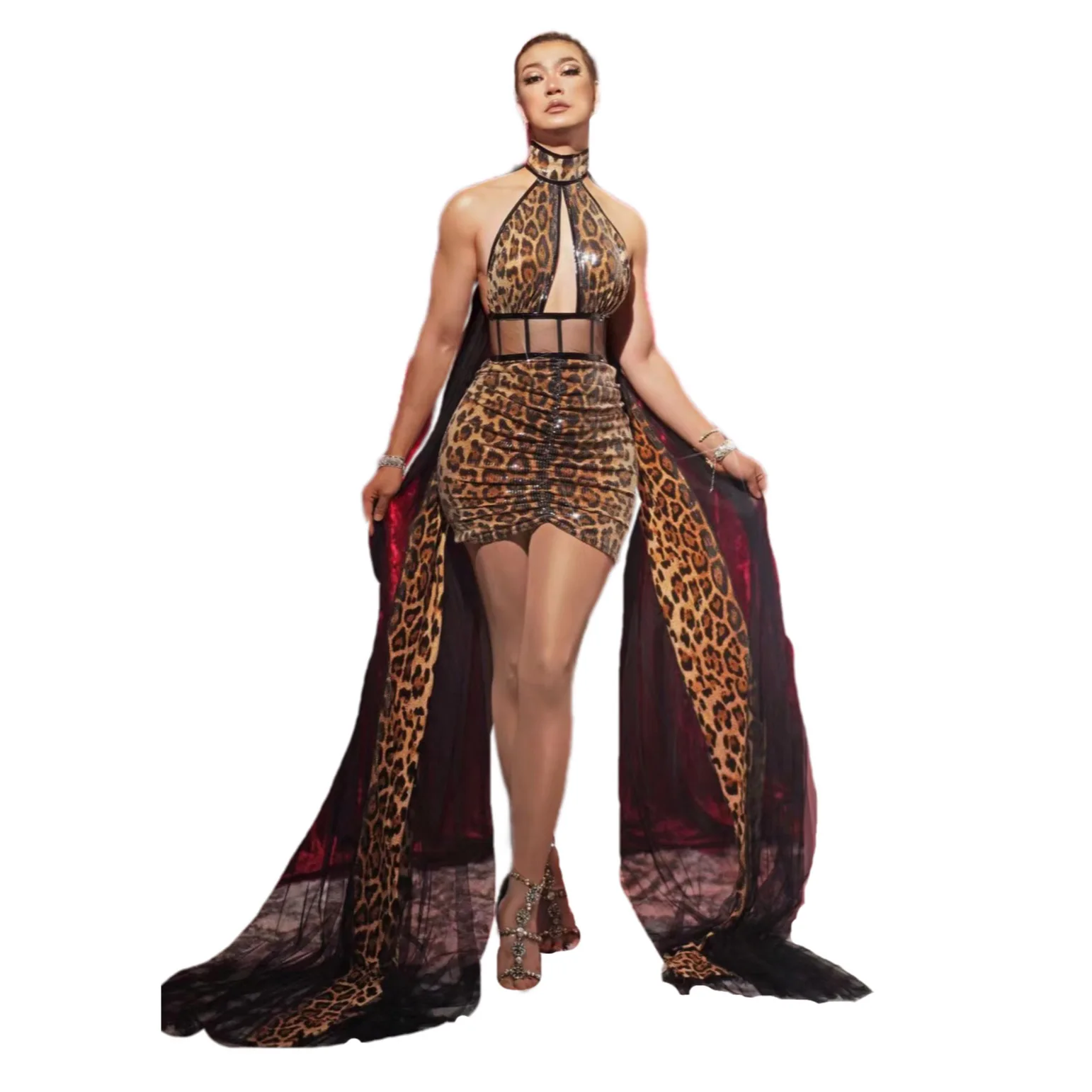 

Leopard Sexy Halter Backless Shawl Dress For Women Festival Carnival Drag Queen Outfits Fashion Show Model Stage Costumes