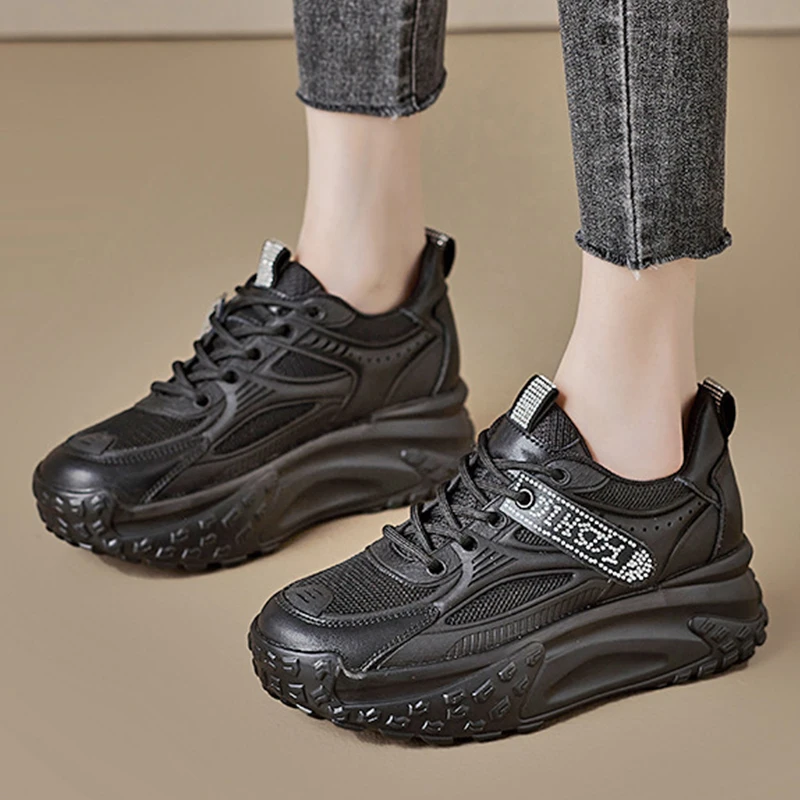 2023 Air Mesh Fashion Genuine Leather Comfy High Brand Breathable Shoes Chunky Sneaker Spring Summer Platform Women Wedge Shoes