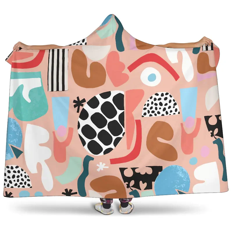 

Abstract shape drawing blanket, original hoodie blanket, forms and shapes trow, pink, black and blue blanket, Boho-chic blanket