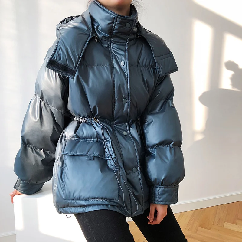 2022 Winter New Down Cotton Coat Loose Pocket Long Sleeve Warm Women Parkas Drawstring Waist Hooded Thicken Windproof Jacket Top