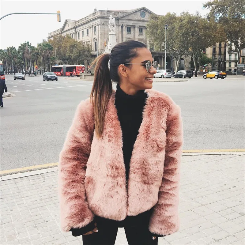 2021 Faux Fur Women Jacket Winter New Fashion High Quality Thickened Warm Solid Color Short Elegant Leather Coat V-Neck Overcoat