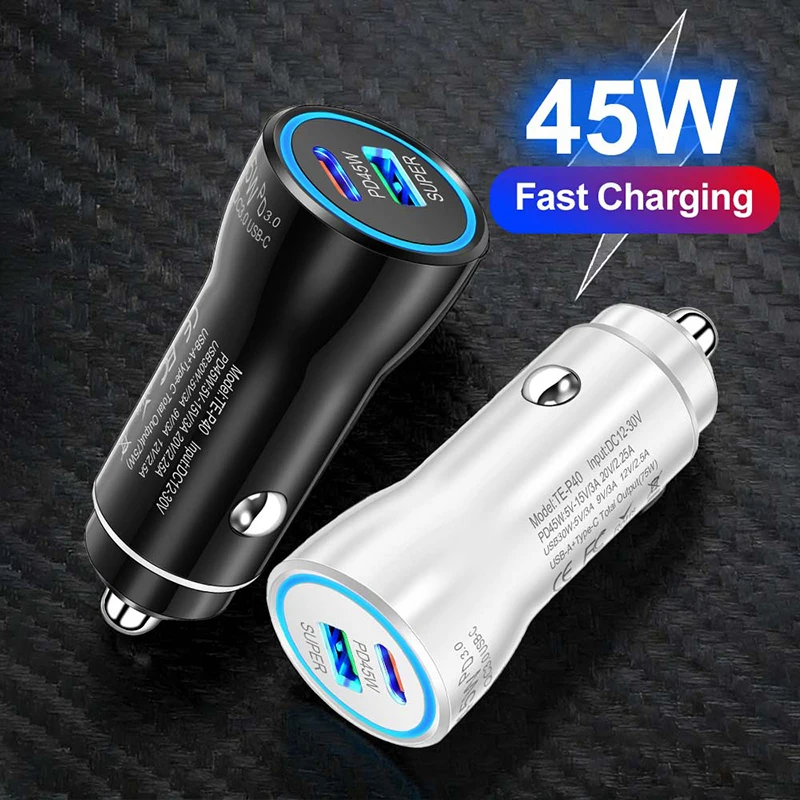 Фото Автомобильное зарядное устройство с двумя портами USB-C PD3.0 и QC3.0, 45 Вт, с быстрой зарядкой и улучшенной защитой, совместимо с автомобилями 12В/24В №2