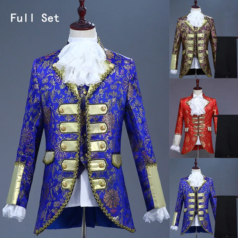 

Роскошный костюм Викторианского Королевского принца для взрослых, Мужской Топ, жилет, куртка, Блейзер, костюм для сцены, кинотеатра, косплей, наряд, брюки, жабот, галстук