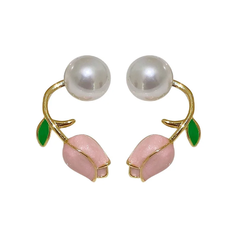 

PTQASP French Light Luxury Pink Tulip Pearl Stud Earrings for Women Korean Zircon Exquisite Earring Party Christmas Gift