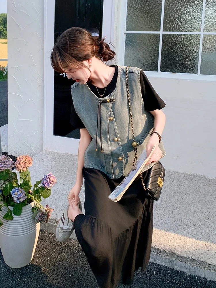 Новое джинсовое пальто в китайском стиле черное платье для женщин новинка 2024