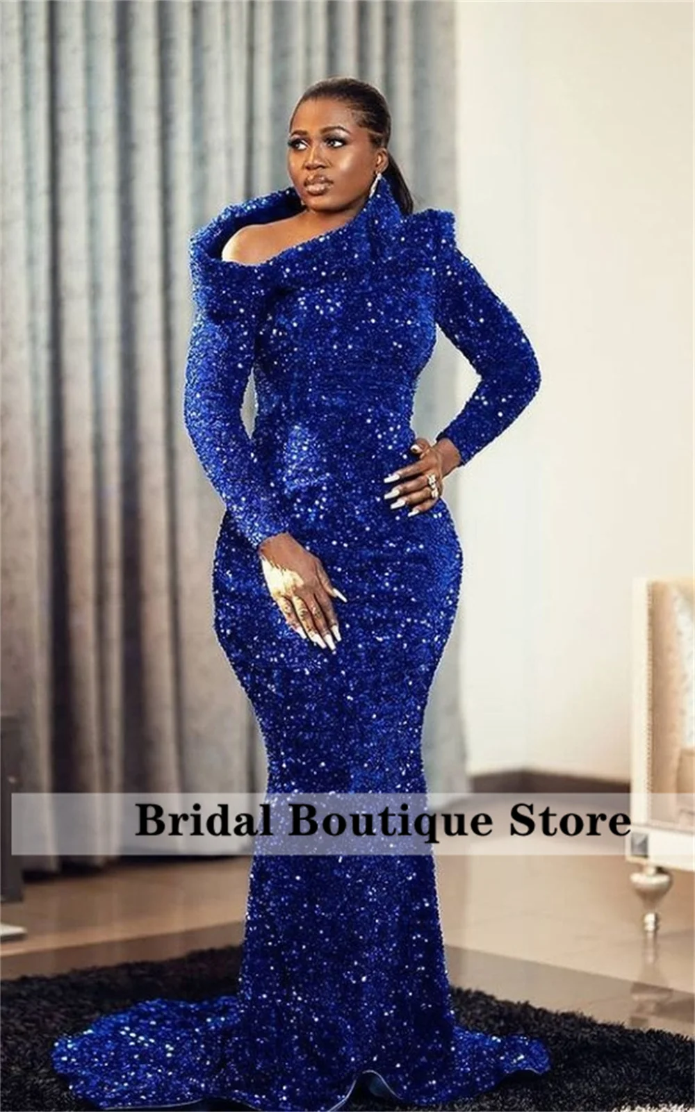 

Royal Blue Sparkly Sequins Prom Dresses 2022 Aso Ebi Style Evening Gowns Long Sleeve Birthday Party Dress Vestido De Fiesta