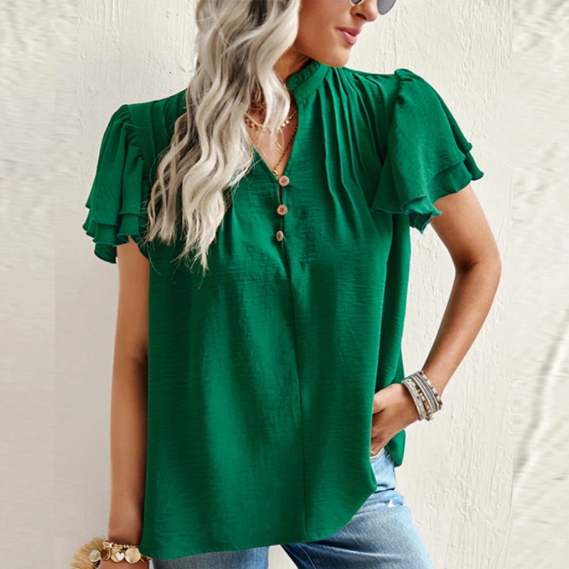 

Рубашка с коротким рукавом для женщин, блузки, Новинка лета 2023, элегантные топы с оборками, однотонные блузы, модная женская одежда 25455