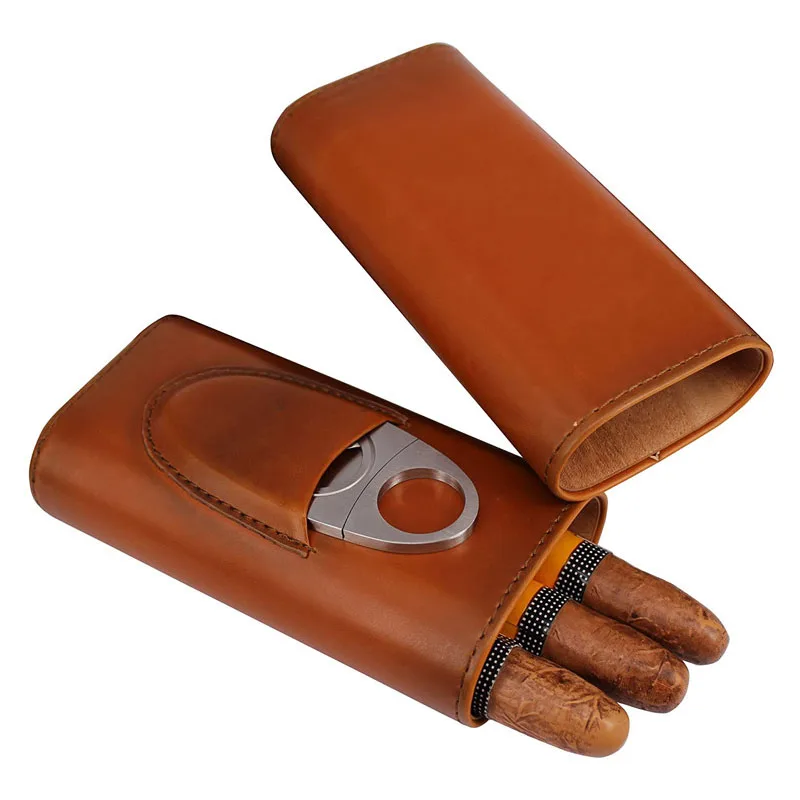 

FOCUS Three-Finger Portable Cigar Humidor Brown and Black Two Choices Cowhide Material Leather Case with Silver Cigar Cutter