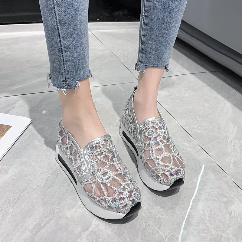 New Female Wedge Shoes Sequin Mesh Breathable Shoes Women Gold Platform Women Height Increasing Wedges Shoes Casual Large siz
