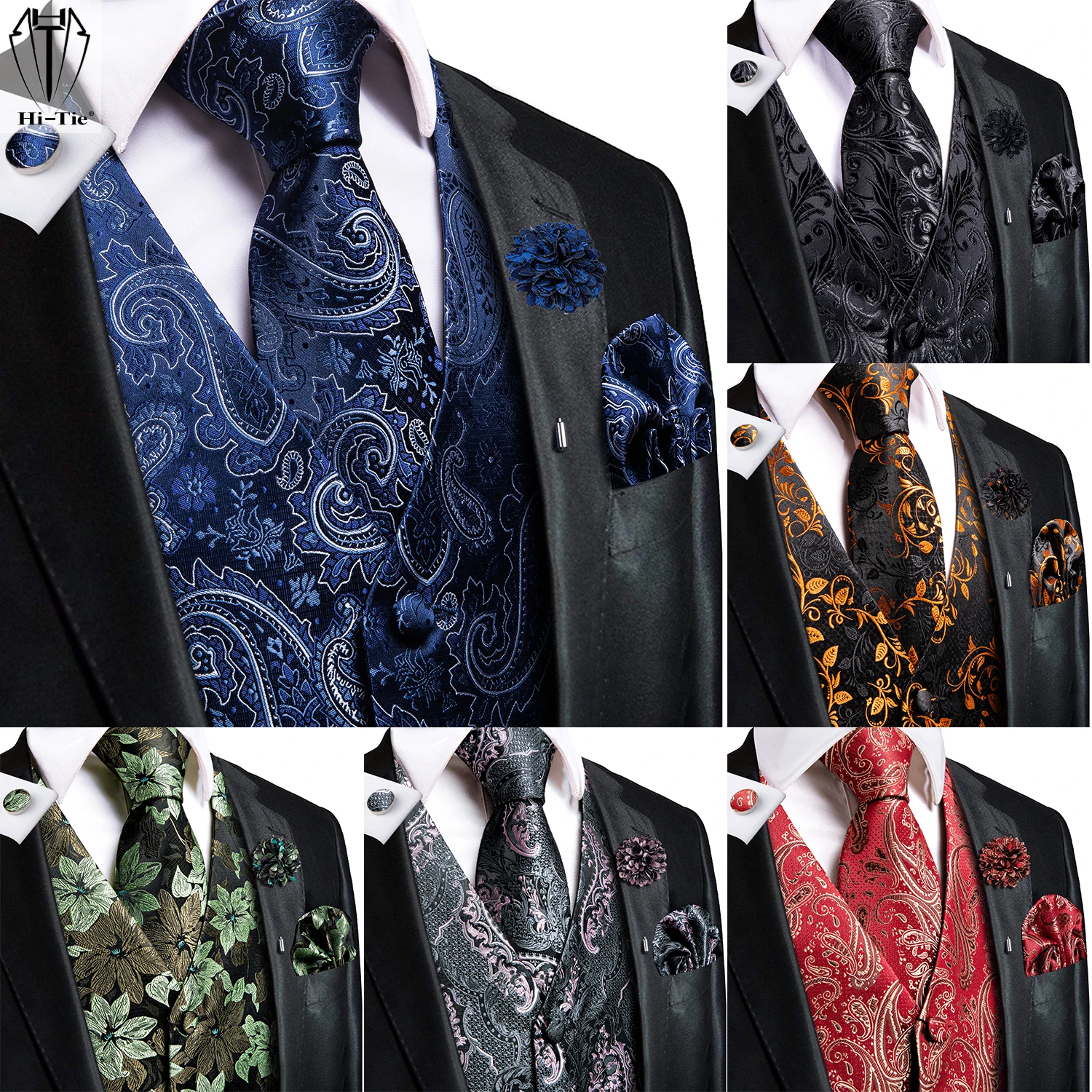 

Hi-Tie Silk Mens Vests Sleeveless Waist Jacket Corsage Jacquard 25 Colors Waistcoat Tie Hanky Cufflinks Brooch Set for Men Male