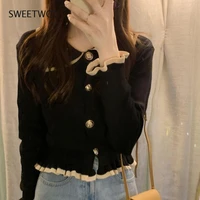 korean cropped cardigan fashion sweaters woman sweater ruffles black white cute tops fall 2021 women clothing fashion tide chic