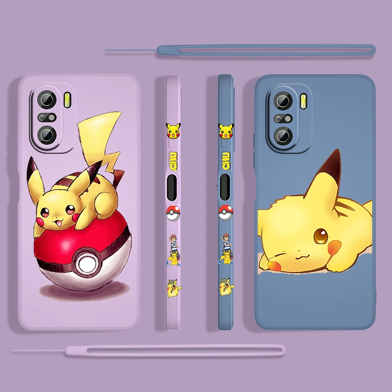 

Cartoon Cute Pikachu For Xiaomi Redmi K50 Gaming 10X 9 9A 9T 9AT 8 8A 7 6A 5A 4X Pro 4G 5G Liquid Left Rope Silicone Phone Case