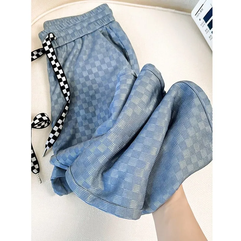 

Женские брюки полной длины в клетку, универсальные свободные прямые брюки с поясом на резинке, модель P607 в Корейском стиле на лето, 2022