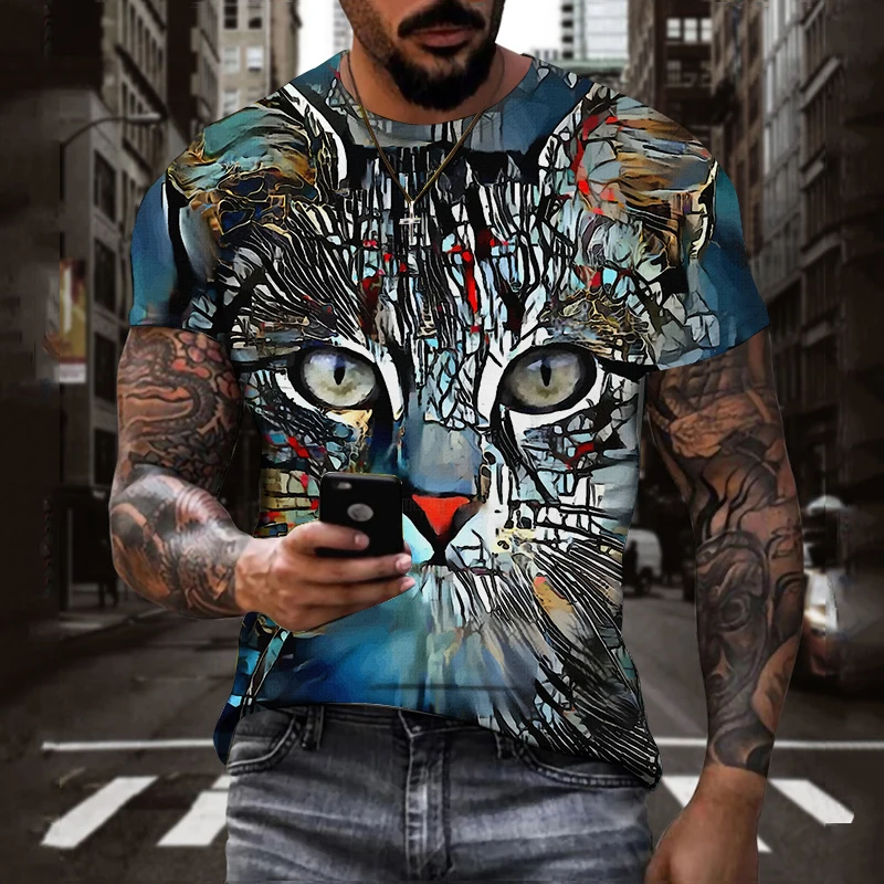 

Футболка мужская с принтом кошки, Повседневная модная спортивная футболка оверсайз с коротким рукавом и круглым вырезом, 2023