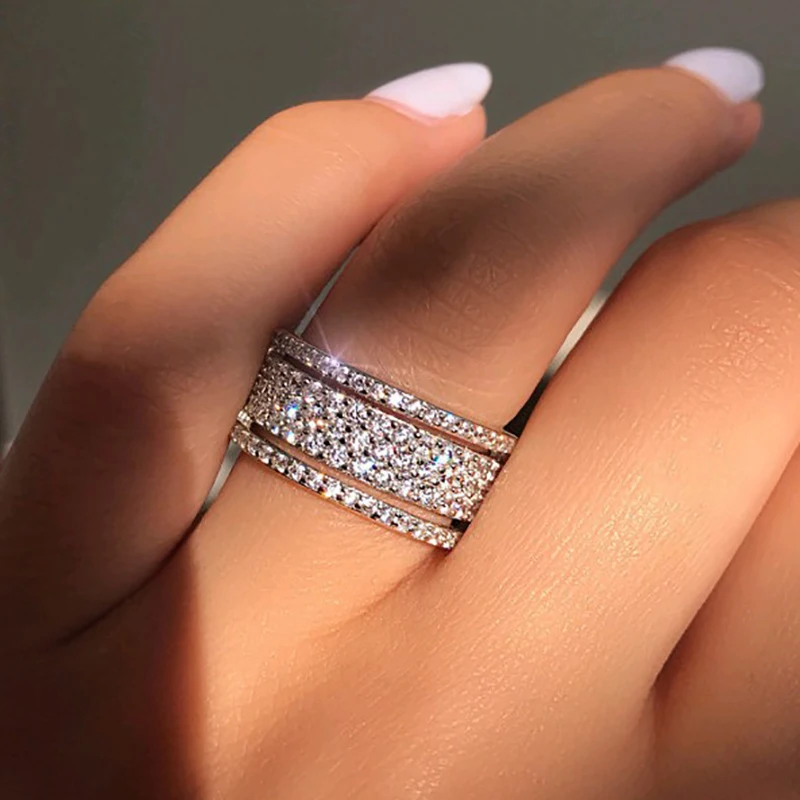 

New Elegant Silver Rhinestone Crystal Rings Wide Love Rings Women Wedding Engagement Full Zircon Finger Rings Jewelry Gifts