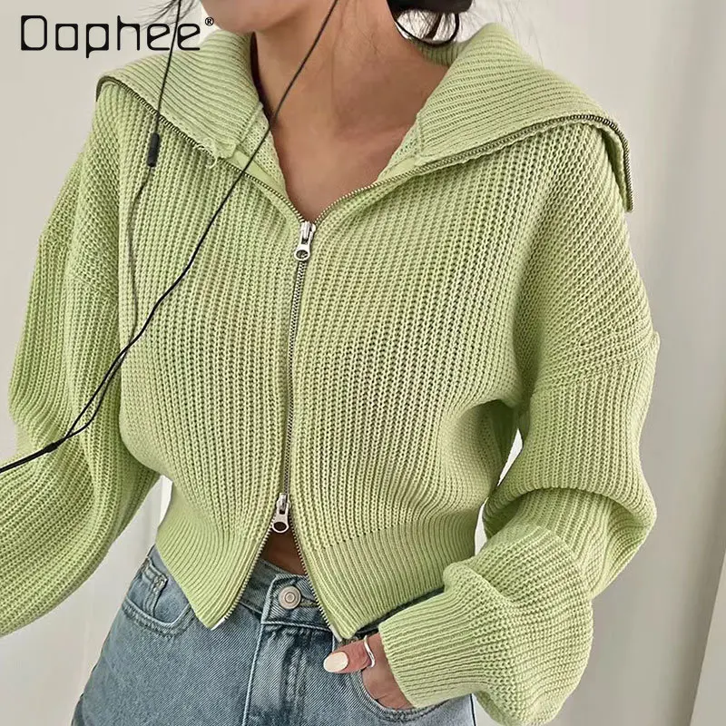 

Женский трикотажный кардиган на молнии, свободный свитер с длинным рукавом и отложным воротником, осень