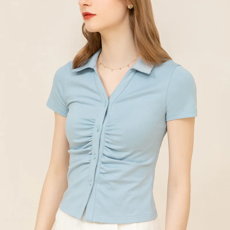 

Summer New T-shirts Turn-down Collar Shirring Solid Color OL Temperament Short Sleeve Cardigan Slim Fit Tops Women 2022