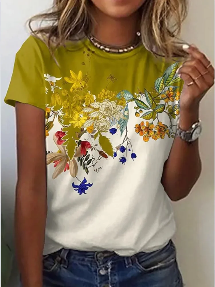

3D Floral Print Short Sleeve T Shirts Women's T Shirts Short Sleeve Soft Round Neck Fashion Summer 2022 Women's