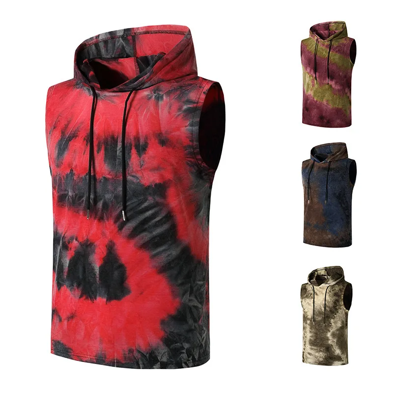 

2020 summer new European size men's short-sleeved T-shirt gradient printing pullover hooded pocket vest vest vest