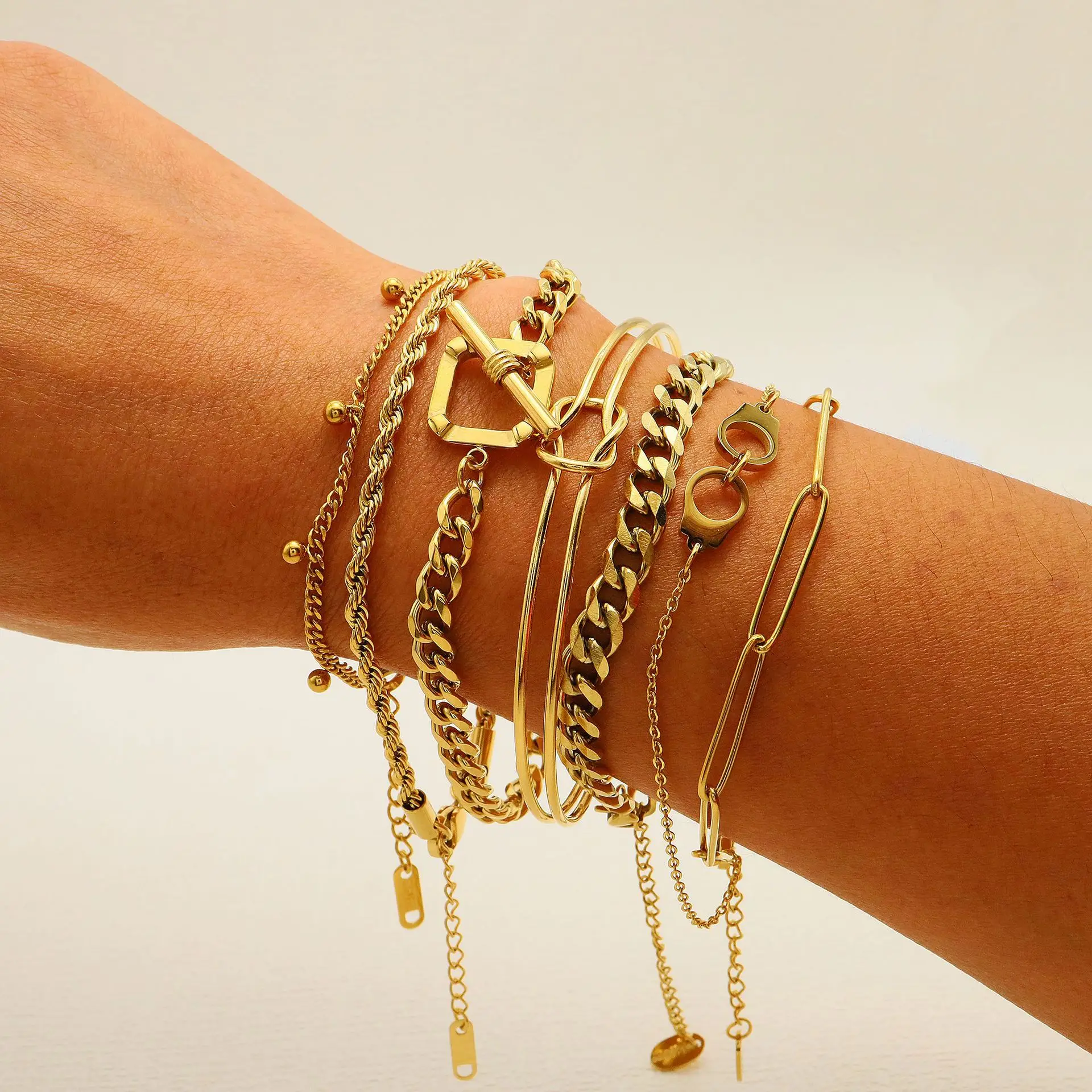 

14k Gold Plated Link Chain Bracelets Trendy Geometric Stainless Steel Tarnish Free Cuban Chain Bracelet Women Stacking Bracelets