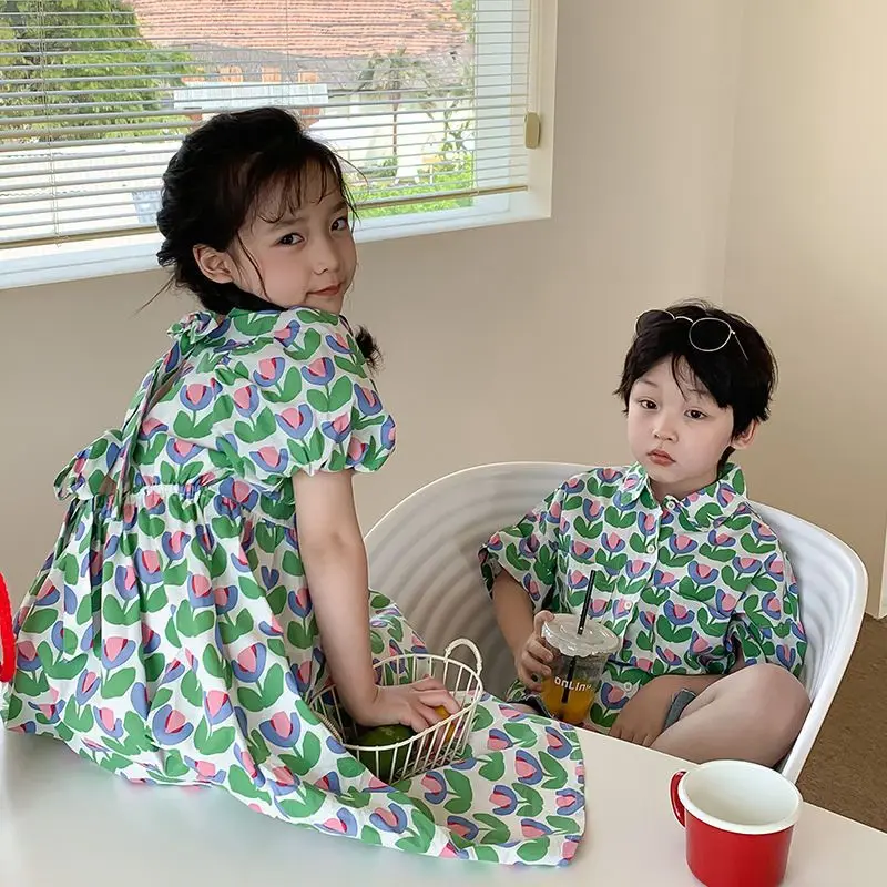 

Elder Brother and Sister Clothes Summer Korean Boys and Girls Dress Short Sleeve Floral Skirt Baby Flower Shirt Top Kids Clothes