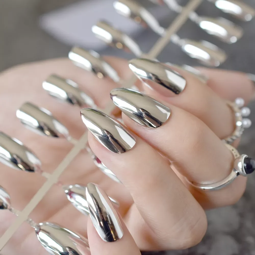 

Mirror Silver False Nails STILETTO Point Metallic Acrylic Nail Tips 24pcs/kit Easy for Daily wear