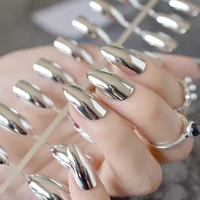 mirror silver false nails stiletto point metallic acrylic nail tips 24pcskit easy for daily wear