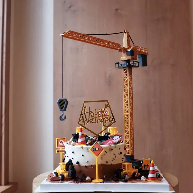 

Cute Cake Decoration Supplies Mini Construction Crane Truck Road Sign Birthday Theme Party Supplies for Kids Boys Cupcake