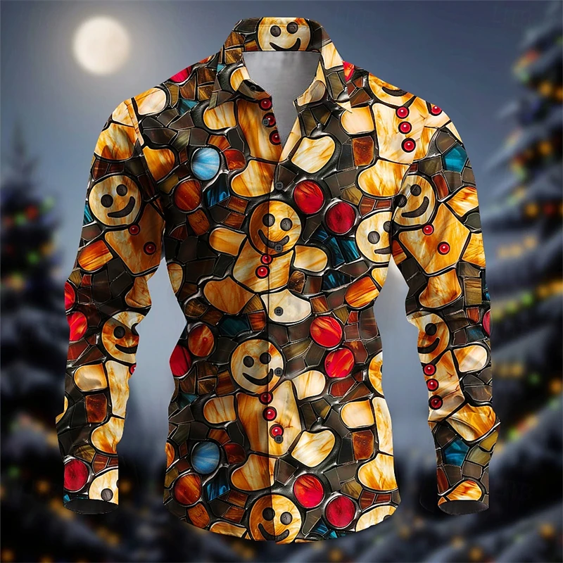 Ginger Bread Printed Shirts Men Christmas Clothing Long Sleeve Button Shirt Cute Gingerbread Food Pattern Festival Trend Blouse