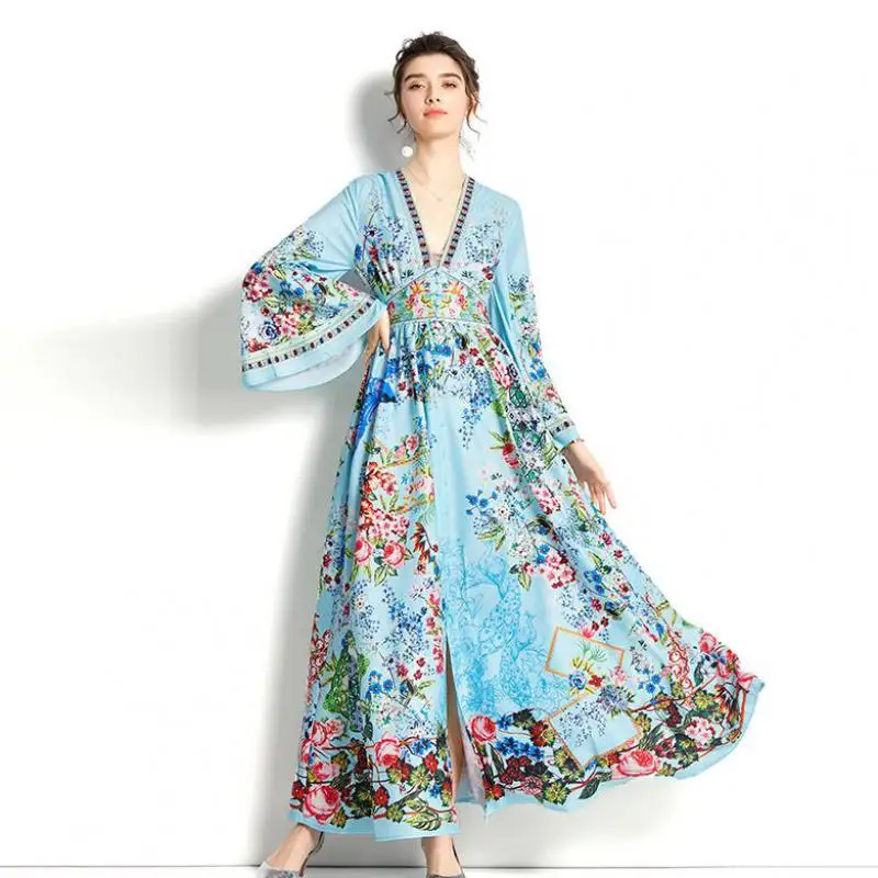 

WEIHAOBANG 2022 Spring Autumn Women's New Chiffon Printed Long Skirt V-neck Long Sleeve Leisure High Waist Slim Dress
