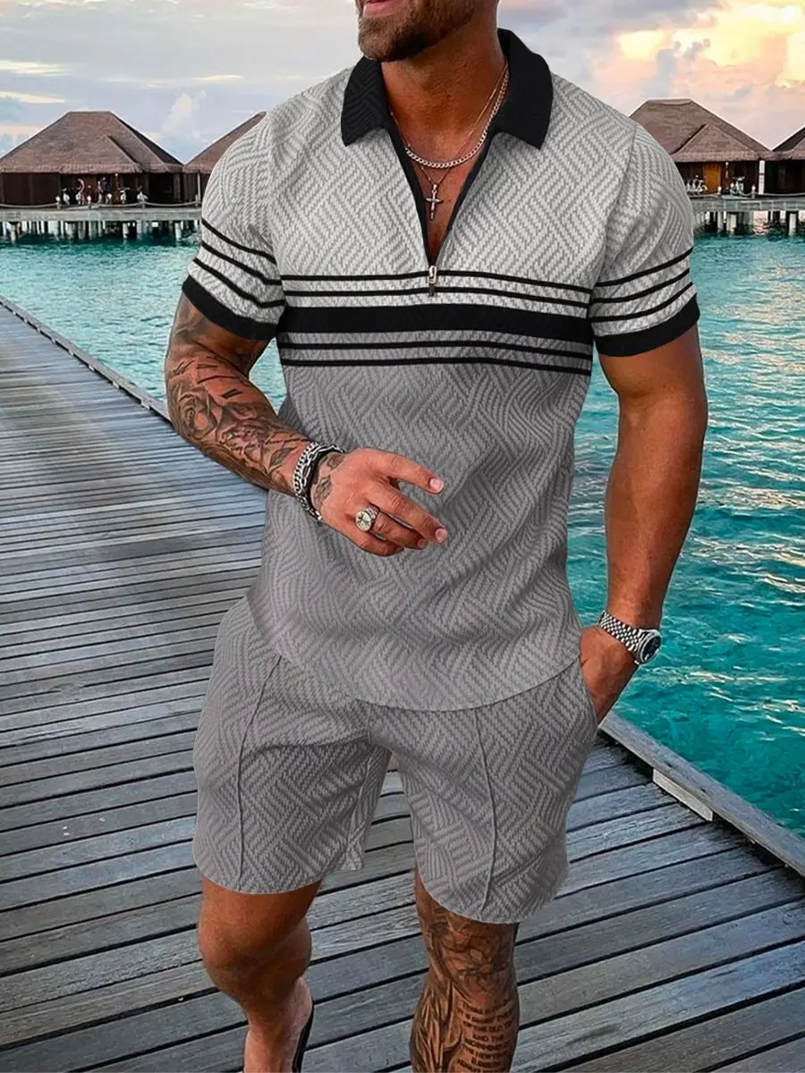 

Foreign Trade New Men's Sports Suit Casual Suit Men's Polo Shirt Short Sleeve + Shorts Oversized Color 3D Printing 2 Piece Set