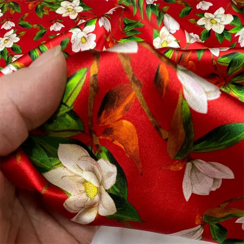 Красно-зеленый цветок 19momme эластичная шелковая ткань Шелковый атлас Гладкая