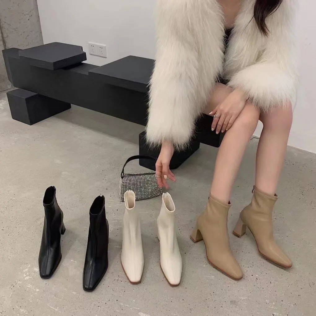 

Round Toe Women Anlke Boots Fashion Ladies Stretch Shoes Back Zipper Thick High Heels 2022 New Arrivals Pumps Black Beige Khaki