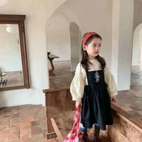 rinilucia 2022 autumn new girls clothes suits fashion retro floral long sleeved top shirtstrap dress two piece kids set