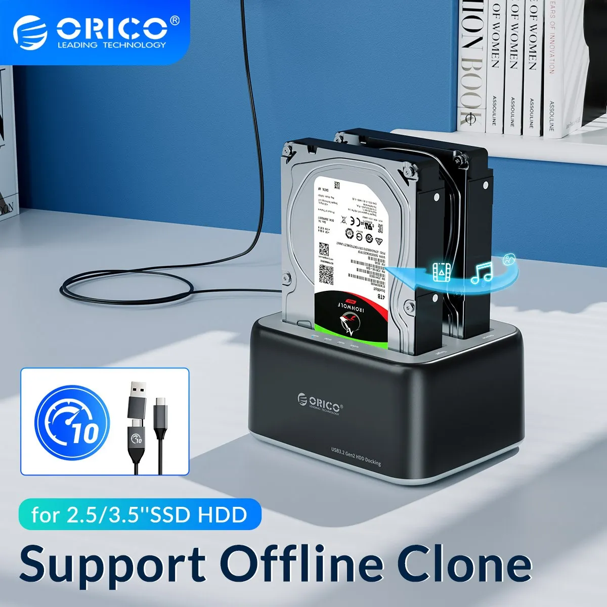 ORICO Type-C Offline Clone HDD Docking Station 10Gbps Super Speed HDD Case with 12V3A  Adapter for 2.5/3.5 Inch Hard Disk