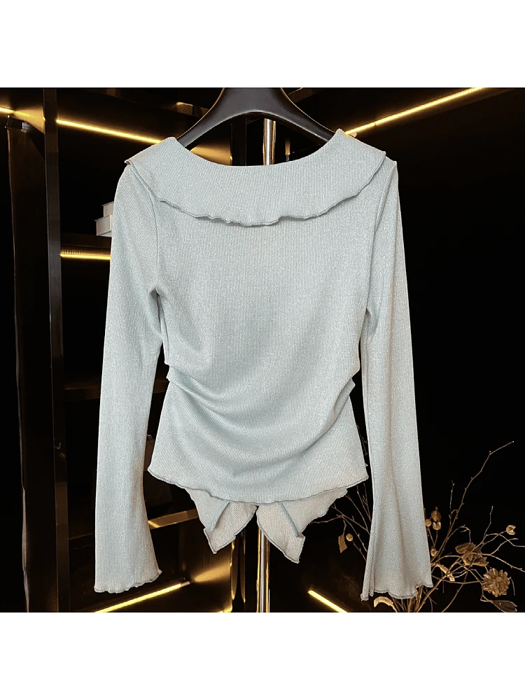 South korea Mint Green Rose Lace Design Waist Hugging Top Women Autumn New Short Slimming Long sleeve Bottoming Shirt