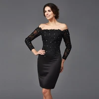 black mother of the bride dress off the shoulder knee length wedding guest dresses long sleeves beaded applique evening gowns