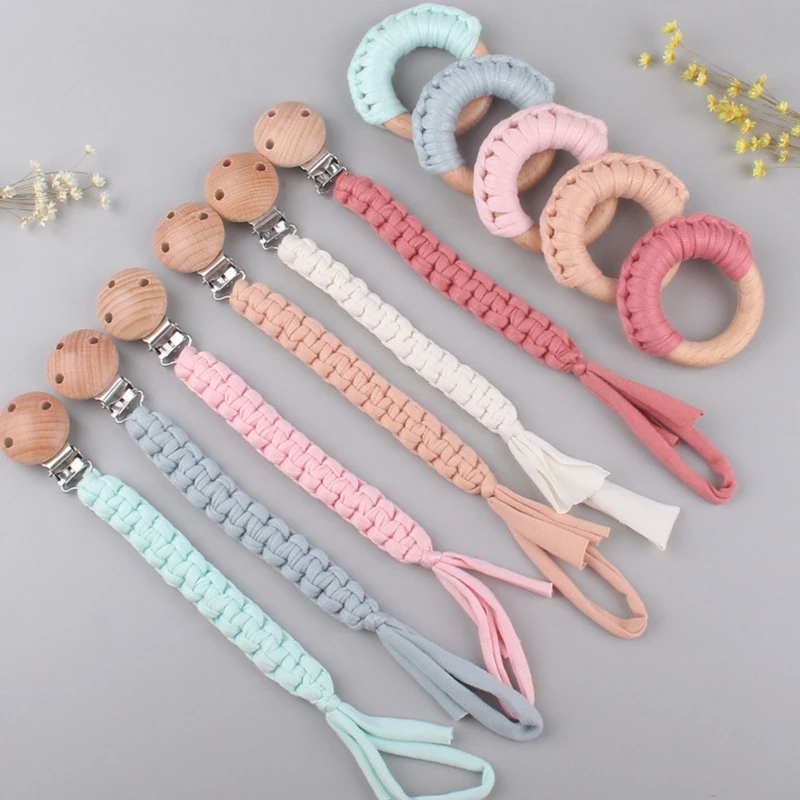 

F62D 2 Pcs Baby Braided Pacifier Chain Clip Wooden Ring Teether Set Infant Nipple Holder Soother Molar Teething Gifts