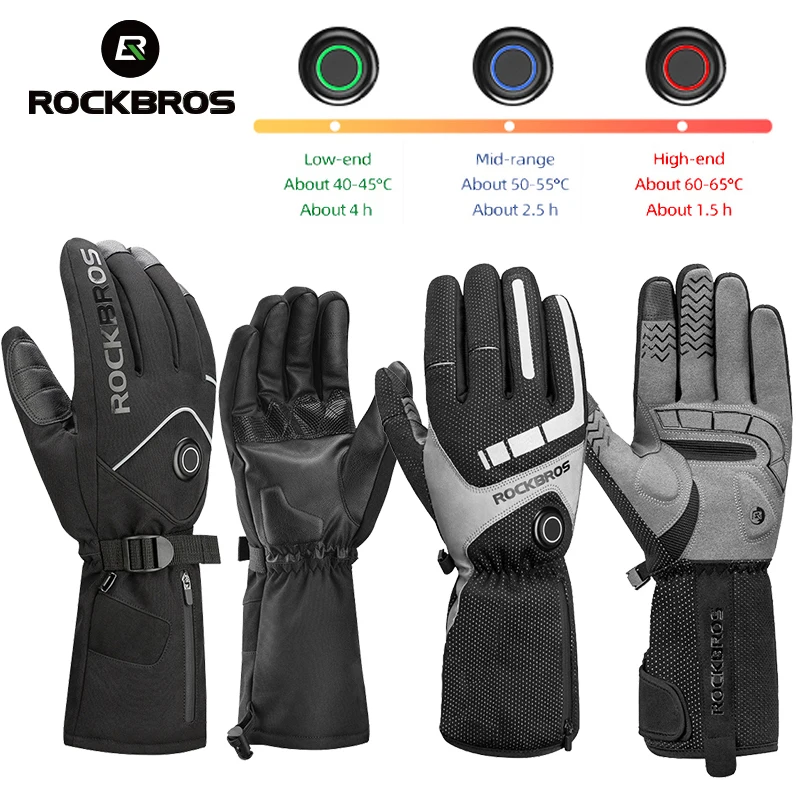 ROCKBROS Bicycle Gloves Winter Warmer Heated Skiing Gloves Touchscreen Motorcycle Cycling Gloves Breathable Waterproof Glove