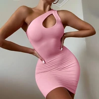 fashion sleeveless sheath shaped waist inclined shoulder solid mini dress female solid color dresses hollow out club streetwear