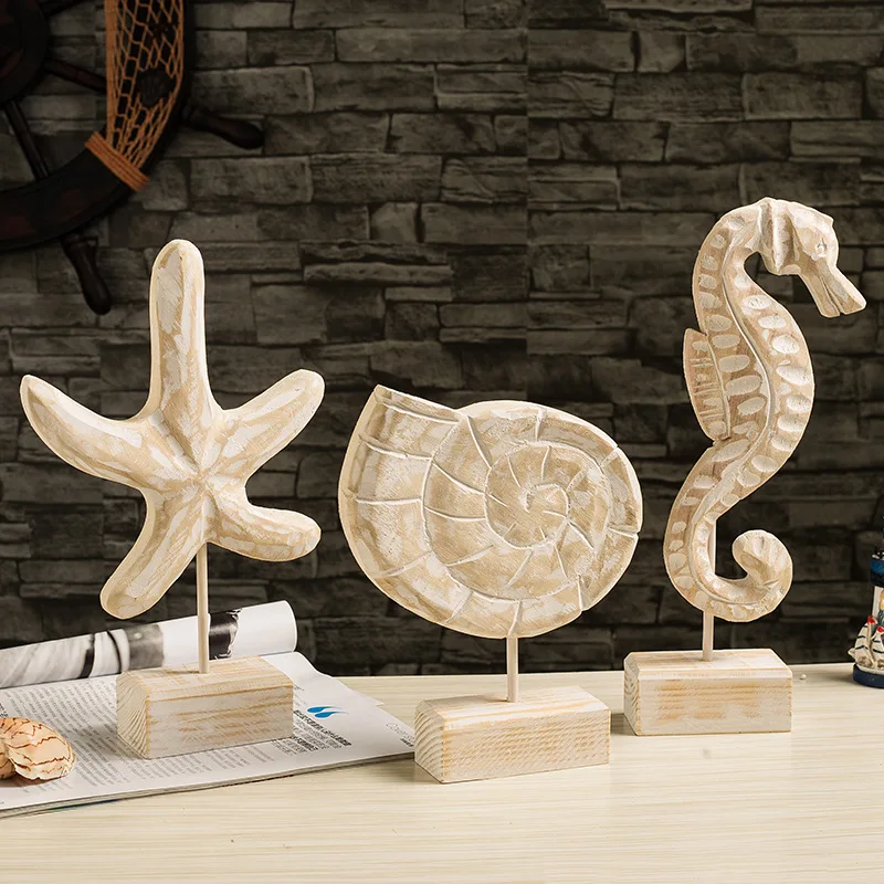 

Mediterranean Statue Home Decor Starfish Conch Hippocampus Figurines Wood Carving Marine Crafts Home Decoration Accessories