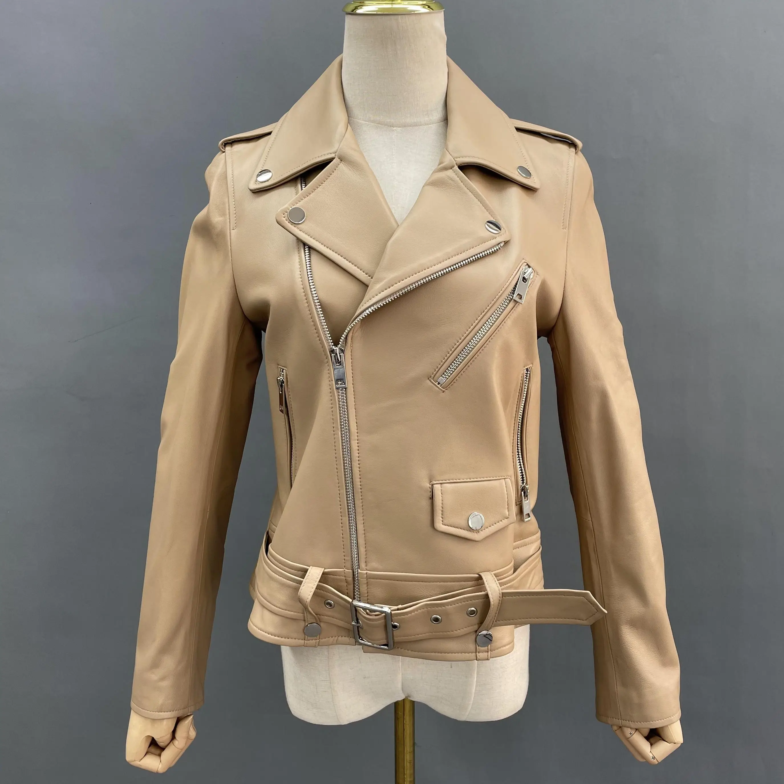 JANEFUR Women’s Jacket 2023 Genuine Leather Moto Biker Streetwear Classic Real Sheepskin Coat