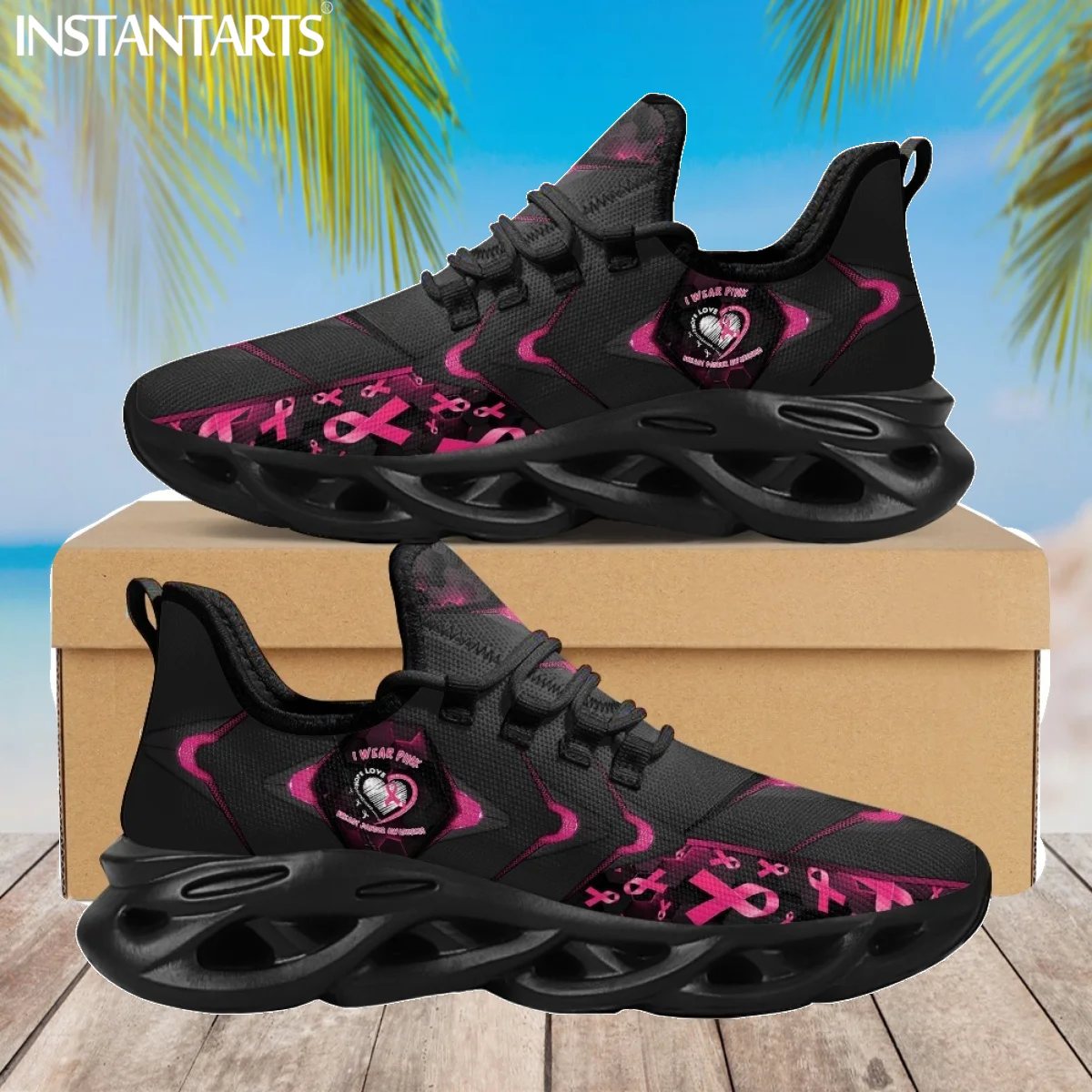 

INSTANTARTS Breast Cancer Shoes Light Soft Flats for Women I Wear Pink Breast Cancer Mesh Sneakers Outdoor Walking Footwear 2023