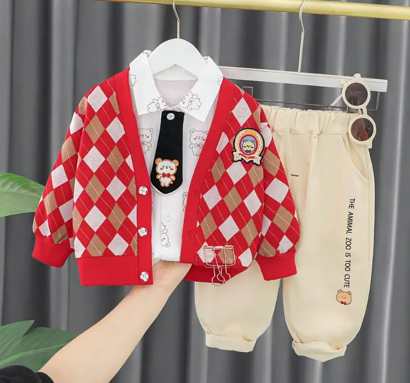 

Toddler Kids Tracksuits Baby Boy Clothes printed plaid cardigan coat shirts pants 3pcs Boutique outfits children clothing suits